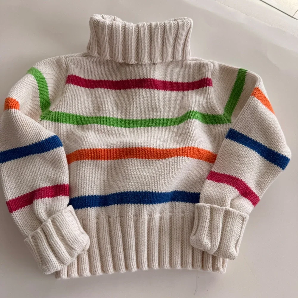 VTG Ralph Lauren 2T Multi Color Stripe Cotton Knit Snap Mock Neck Sweater Preppy